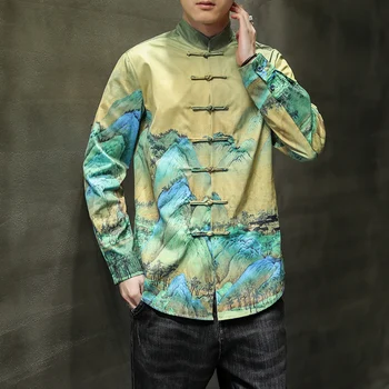 2022 Oryantal erkek Artı Boyutu Gömlek Düğmesi Hanfu Ceket Tang Takım Elbise Çin Standı Yaka Baskılı Ceket Moda Üst