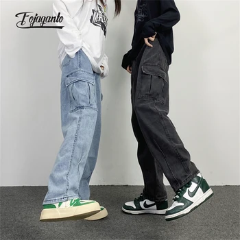 FOJAGANTO Erkekler Jean pantolon Japon Retro Yıkanmış Düz Geniş Bacak Kot Gevşek Büyük Cep Çift Hip Hop Sokak Kot Pantolon Erkek
