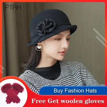 [PTAH] Mizaç Yün Fedoras Şapka Kadın Kızlar İçin %100 % Yün Fransız Zarif fötr şapkalar Taklit Sonbahar Kış Şapka Çiçek Dantel