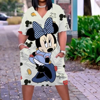 Disney Artı Boyutu Midi Elbise Uzun Kollu Elbise Rahat Minnie Mickey Mouse Baskı Plaj Gevşek Elbiseler Kawaii Sundress Kadın Giyim