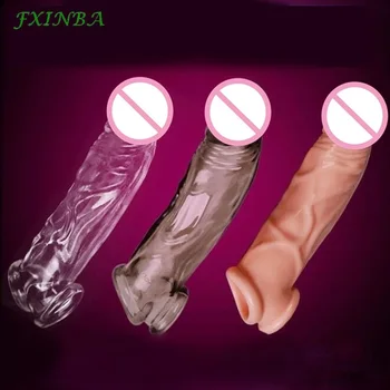 FXINBA 17cm Elastik Prezervatif Kullanımlık Penis Extender Kollu Gecikme Boşalma Penis Büyütme Seks Oyuncakları Erkekler İçin Samimi Ürünler