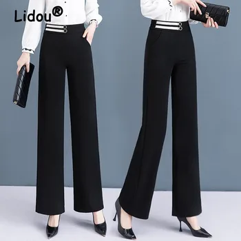 Siyah Kremsi beyaz Renk Düz Gevşek Geniş Bacak Pantolon Elastik Bel Sarkma Hissi Parlak Çizgi Dekorasyon Düğme Cepler