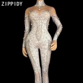 Beyaz Baskılı Kristaller Tulum Büyük Taşlar Streç Bodysuit kadın Parti Giyim Gece Kulübü Şarkıcı Dansçı Gösterisi Kıyafet Seksi Tayt