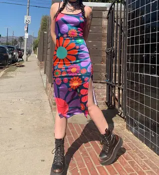 Moda Kadın Kayma Elbise Çiçek Baskı Spagetti Kayışı Bodycon Parantez Etek Yarık Yaz Bayanlar İçin Mor Sıska Elbise S-XL
