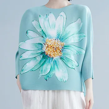 2022 yeni Miyake pilili bahar bol tişört kadın uzun kollu üst Polyester Düzenli Çiçek Casual bayanlar tops