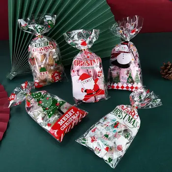 50 Adet Noel Şeker Çantası Şeffaf Pişirme Çerez Ambalaj hediye keseleri Noel Baba Festivali Parti ambalaj poşetleri ile bağ teli