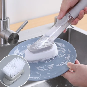 2 in1 Uzun Saplı Bulaşık Fırçası Temizleme Fırçası Çıkarılabilir Fırça Sünger Otomatik Sıvı Dağıtıcı Mutfak Temizleme Araçları
