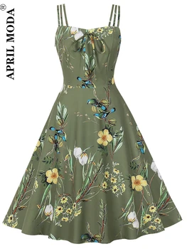 Yaz 50 s Rockabilly Parti Elbise Vintage Çiçekli Pileli Yüksek Bel Spagetti Kayışı Tunik Bir Çizgi Tatil Elbiseler Mujer Vestidos