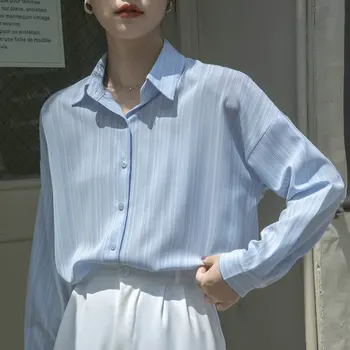 Moda Yaz Çizgili Gömlek Kadın Sonbahar Zarif Uzun Kollu Ofis Üst Kadın Rahat Mavi Gevşek Bluz Kadınlar İçin CL6