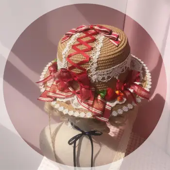 Orijinal Self-Made Lolita Hasır Şapka Çilek Reçeli Pastoral Tarzı Dantel YUMUŞAK Kız Lolita Şapka