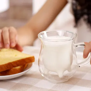 Sevimli Süt Kupa Çift Katmanlı Isıya dayanıklı Cam İnek Bardak Şeffaf süt kupası Çocuklar İçin sütlü içecek Su Suyu Kahve Kupalar Konteyner